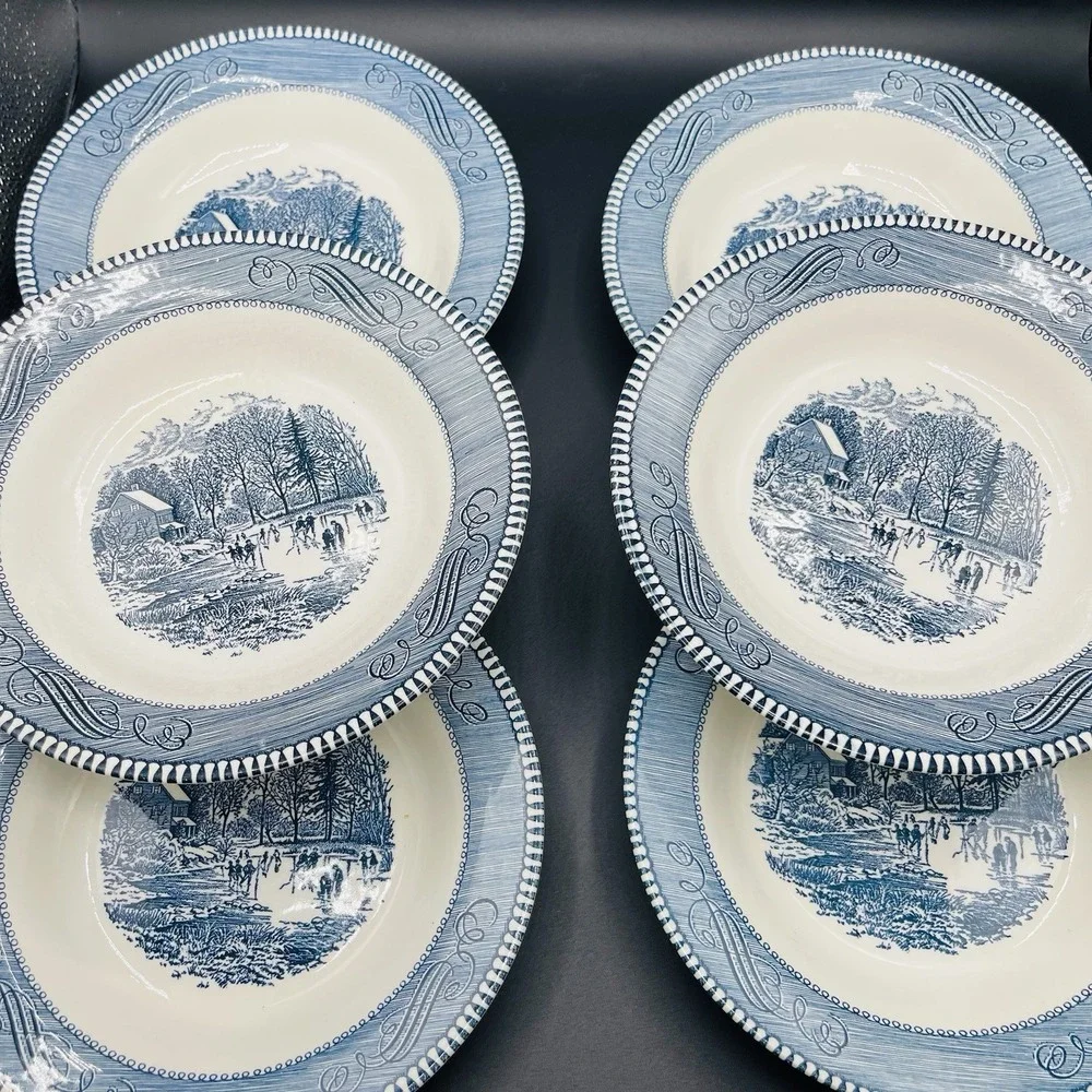 6 Currier & Ives Royal Blue 'Early Winter' Soup/Salad Bowls 8.5